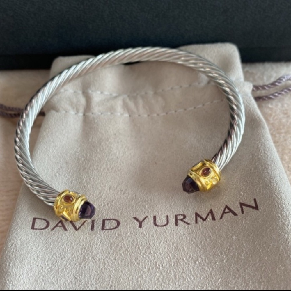 David Yurman Silver Cable Cuff Bracelet with Gold Endcaps and Amethyst Tips 5mm